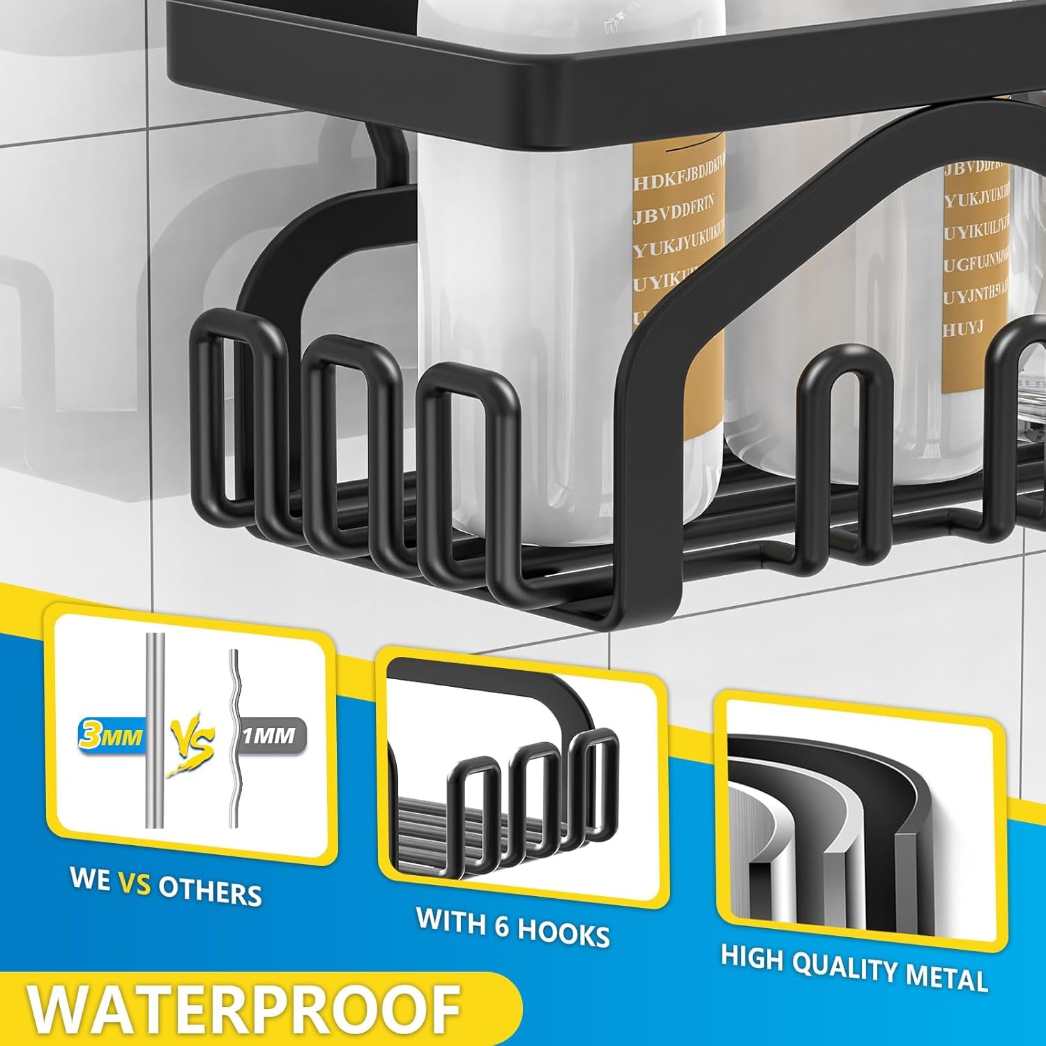 Shower Caddy, Shower Shelves [5-Pack], Adhesive Shower Organizer No Drilling, Large Capacity, Rustproof Stainless Steel Bathroom Shower Organizer, Shower Shelf for inside Shower, Black.
