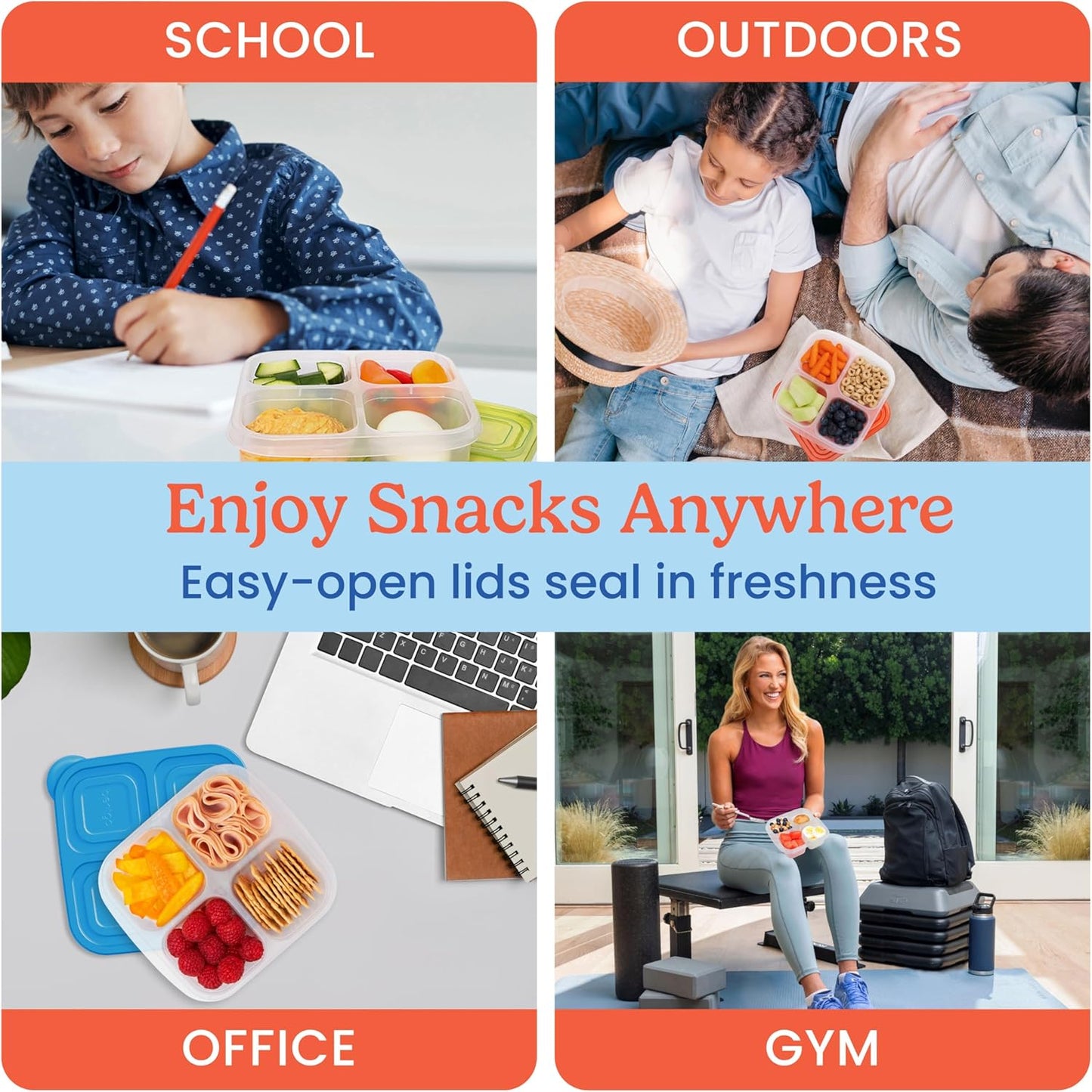 Easylunchboxes® - Bento Snack Boxes - Reusable 4-Compartment Food Containers for School, Work and Travel, Set of 4 (Classic)