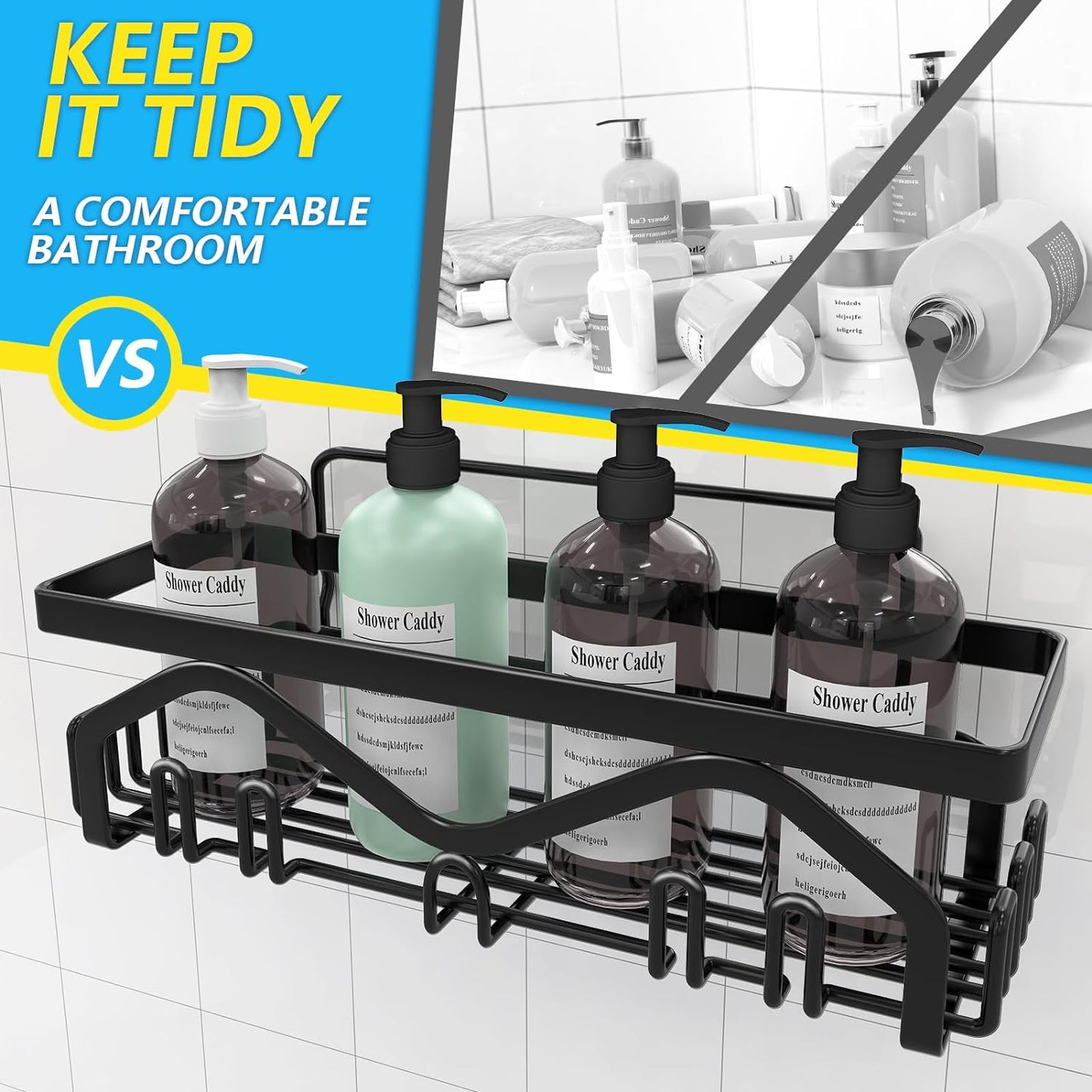 Shower Caddy, Shower Shelves [5-Pack], Adhesive Shower Organizer No Drilling, Large Capacity, Rustproof Stainless Steel Bathroom Shower Organizer, Shower Shelf for inside Shower, Black.
