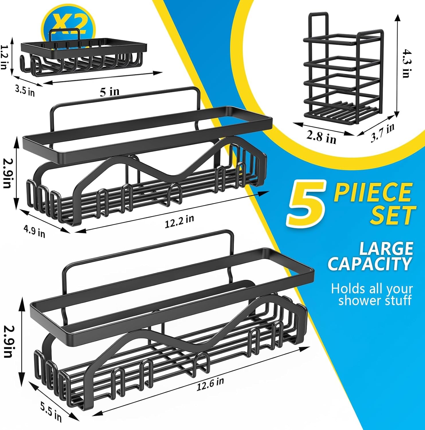 Shower Caddy, Shower Shelves [5-Pack], Adhesive Shower Organizer No Drilling, Large Capacity, Rustproof Stainless Steel Bathroom Shower Organizer, Shower Shelf for inside Shower, Black.