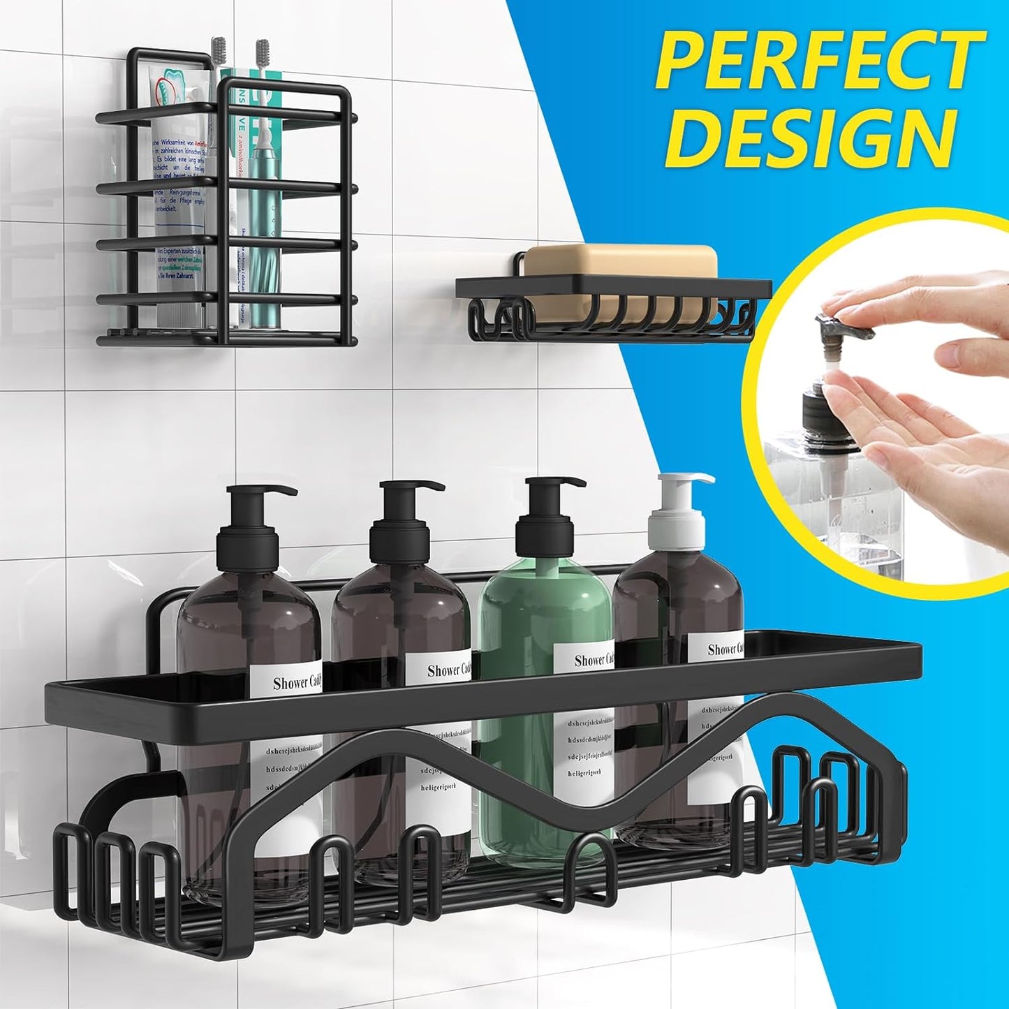 Shower Caddy, Shower Shelves [5-Pack], Adhesive Shower Organizer No Drilling, Large Capacity, Rustproof Stainless Steel Bathroom Shower Organizer, Shower Shelf for inside Shower, Black.