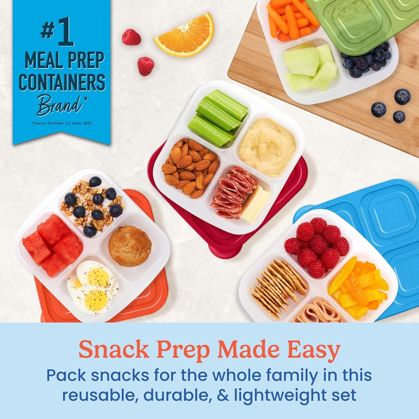 Easylunchboxes® - Bento Snack Boxes - Reusable 4-Compartment Food Containers for School, Work and Travel, Set of 4 (Classic)