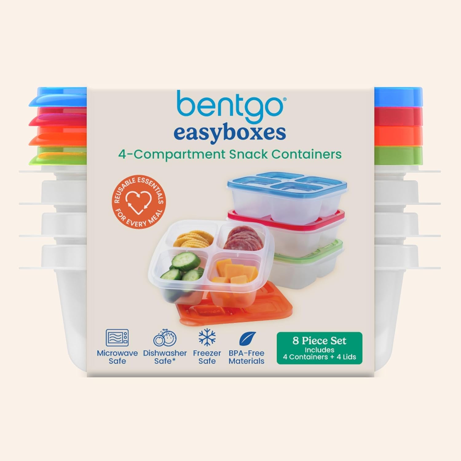 Easylunchboxes® - Bento Snack Boxes - Reusable 4-Compartment Food Containers for School, Work and Travel, Set of 4 (Classic)
